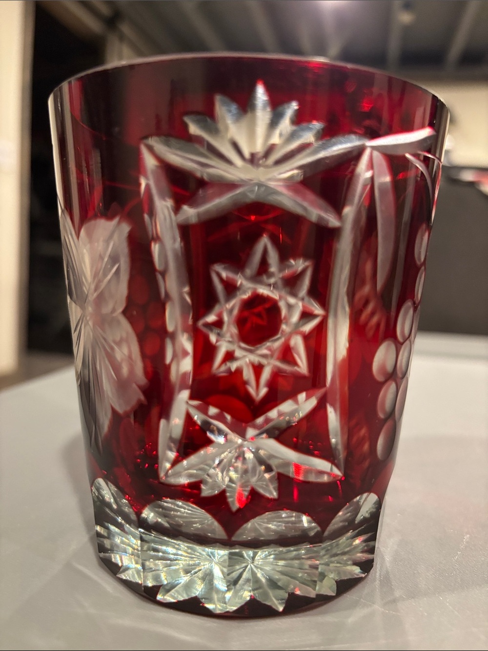 Red Cut Crystal Tumbler Whisky Glass Artisan Etched with Floral design